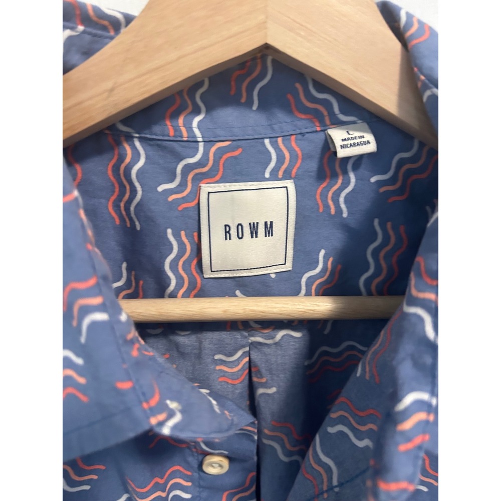 ROWM Mens Blue Wave Print Short Sleeve Button Up Shirt‎ Size L